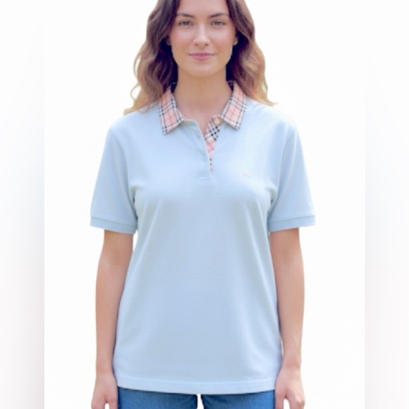 Burberry baby blue  Polo with Signature Plaid Collar - Picture 1 of 9